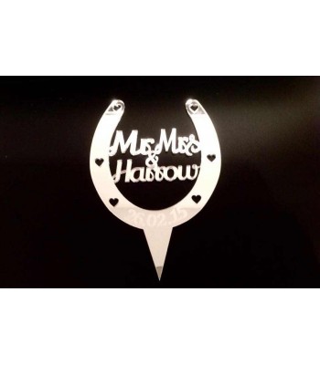 Laser Cut Personalised Mr & Mrs Horseshoe Cake Topper - Mirrored Acrylic